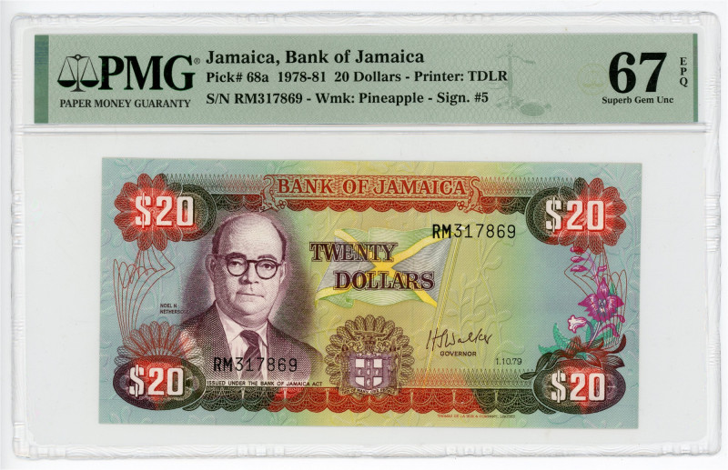 Jamaica 20 Dollars 1978 - 1981 PMG 67 EPQ Superb Gem Uncirculated

P# 68a, N# ...