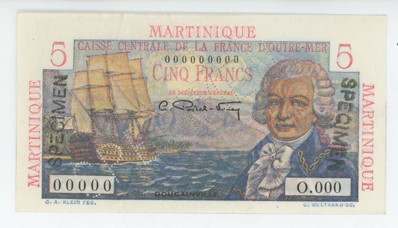 Martinique 5 Francs 1947 (ND) Specimen

P# 27s, N# 378372; # O 00000000; AUNC