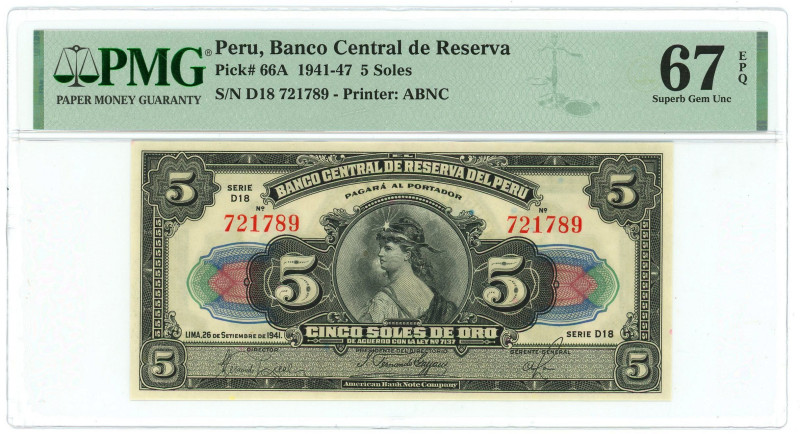 Peru 5 Soles 1941 - 1947 PMG 67 EPQ Superb Gem Unc

P# 66A, N# 219636; # D18 7...