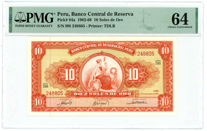 Peru 10 Soles de Oro 1963 PMG 64 Choice UNC

P# 84a, N# 211576; # I98 248805