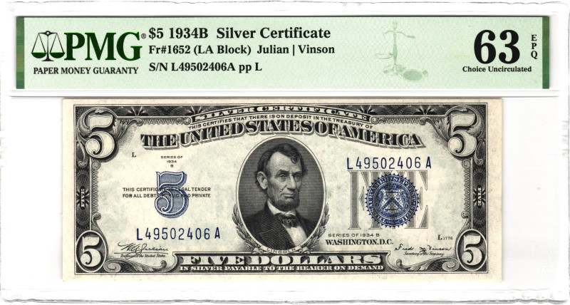 United States Silver Certificate 5 Dollars 1934 PMG 63 EPQ Choice Uncirculated
...