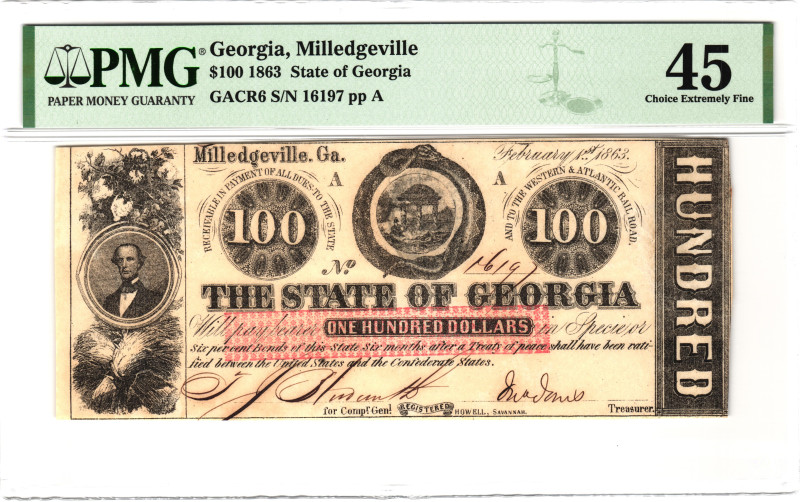 United States Georgia Milledgeville 5 Dollars 1863 PMG 45 Choice Extremely Fine...