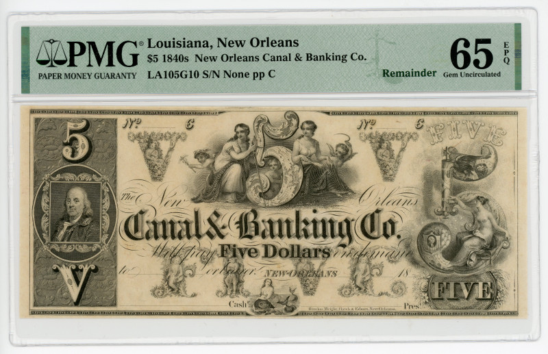 United States Louisiana New Orleans Canal & Banking Co. 5 Dollars 1840 Remainder...