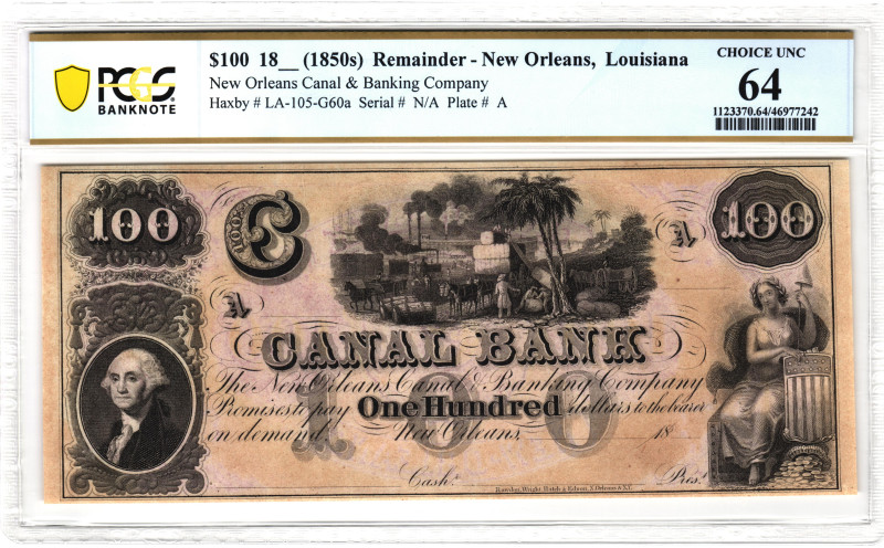 United States Louisiana New Orleans Canal & Banking Co 100 Dollars 1850 th PCGS ...