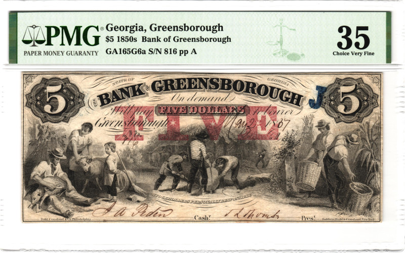 United States Georgia Bank of Greensborough 5 Dollars 1850 th PMG 35 Choice Very...