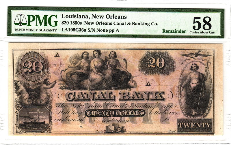 United States Louisiana New Orleans Canal & Banking Co 20 Dollars 1850 th Remain...