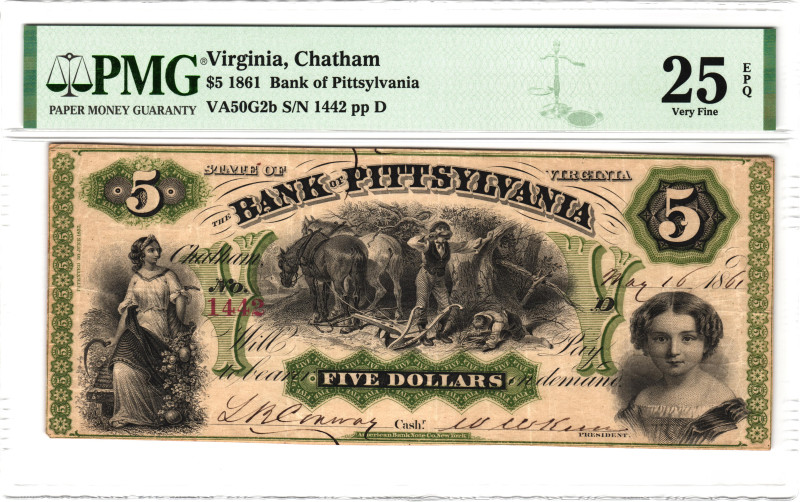 United States Virginia Chatham Bank of Pittsylvania 5 Dollars 1861 PMG 25 EPQ Ve...