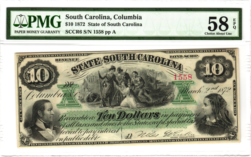 United States South Carolina Columbia 10 Dollars 1872 PMG 58 EPQ Choice About Un...