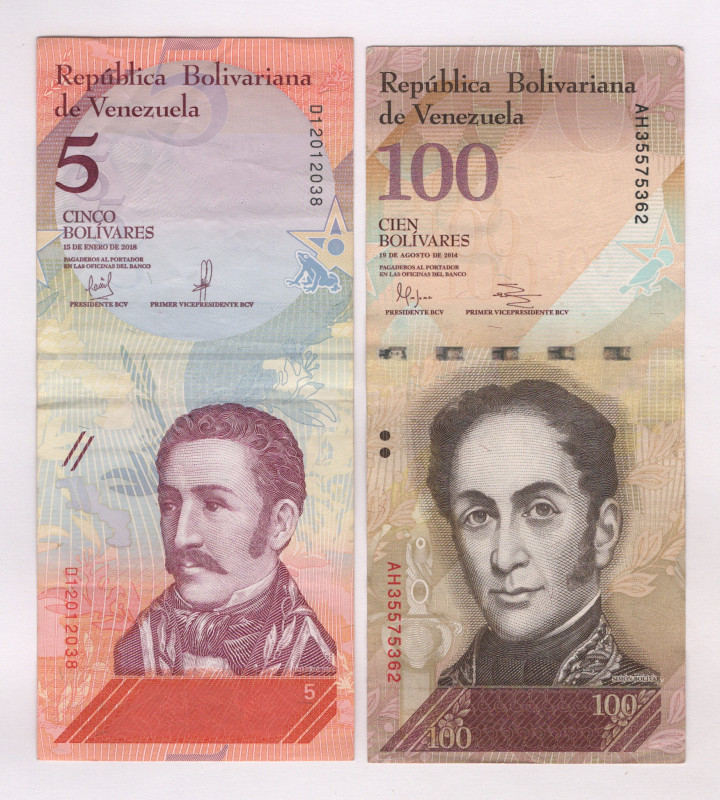 Venezuela 5-100 Bolivares 2014 - 2018

P# 93h,102, VF