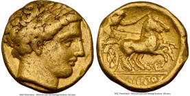 MACEDONIAN KINGDOM. Philip II (359-336 BC). AV stater (17mm, 8.57 gm, 11h). NGC Choice Fine 5/5 - 3/5, marks. Late lifetime-early posthumous issue, Am...