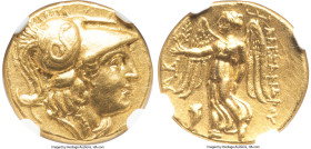 MACEDONIAN KINGDOM. Alexander III the Great (336-323 BC). AV stater (18mm, 8.58 gm, 11h). NGC AU 5/5 - 3/5, brushed. Late lifetime-early posthumous is...