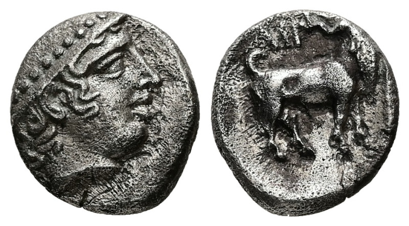 Thrace, Ainos. AR Diobol, 1.22 g 10.62 mm. Circa 429-427/6 BC.
Obv: Head of Herm...