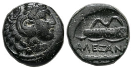 Kings of Macedon, Alexander III 'the Great', AE, 6.43 g 17.01 mm. 336-323 BC. Uncertain mint.
Obv: Head of Herakles right, wearing lion skin.
Rev: ΑΛΕ...