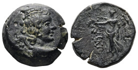 Seleukid Kingdom, Antiochos IX Eusebes Philopator. Ae, 5.41 g 17.61 mm. 114-95 BC. Uncertain mint.
Obv: Winged bust of Eros to right 
Ref: BAΣIΛEΩΣ AN...