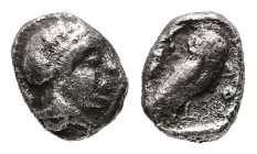 Attica, Athens. AR Hemiobol, 0.28 g 6.18 mm. Circa 454-404 BC.
Obv: Helmeted head of Athena right.
Rev: AΘΕ, Owl standing right, head facing; olive sp...
