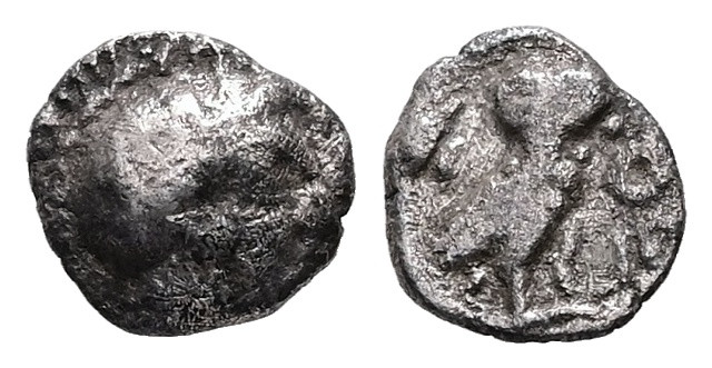 Attica, Athens. AR Hemiobol, 0.30 g 7.05 mm. Circa 454-404 BC.
Obv: Helmeted hea...