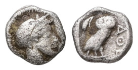 Attica, Athens. AR Obol, 0.60 g. - 8.82 mm. Circa 454-404 BC.
Obv.: Helmeted head of Athena right.
Rev.: AΘE, Owl standing right, head facing; olive s...