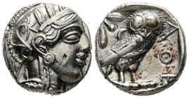 Attica, Athens. AR, Tetradrachm. 16.25 g. - 23.51 mm. Circa 454-404 BC.
Obv.: Head of Athena to right with almond-shaped profile eye, wearing crested ...