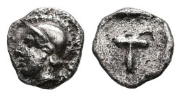 Arkadia, Tegea. AR Hemiobol, 0.22 g 6.51 mm. Circa 423-400 BC.
Obv: Helmeted head of Athena left.
Rev: Large T within shallow incuse square.
Ref: HGC ...