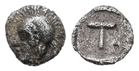 Arkadia, Tegea. AR Hemiobol, 0.23 g 6.48 mm. Circa 423-400 BC.
Obv: Helmeted head of Athena left.
Rev: Large T within shallow incuse square.
Ref: HGC ...