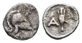 Asia Minor, Uncertain. AR Hemiobol, 0.17 g 7.39 mm. Circa 5th century BC.
Obv: Crested Corinthian helmet to right
Rev: Amphora; to left, A; all within...