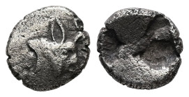 Asia Minor, Uncertain. AR Hemiobol, 0.48 g 8.22 mm. Late 6th-early 5th centuries BC. 
Obv: Head of bull or calf right 
Rev: Incuse square with irregul...