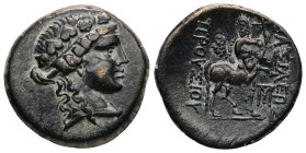 Kings of Bithynia. Prousias II Kynegos. Ae, 5.32 g 20.99 mm. 182-149 BC. Nikomedeia.
Obv: Draped bust of Dionysos right, wearing ivy wreath.
Rev: BAΣI...