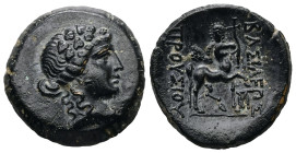 Kings of Bithynia. Prousias II Kynegos. Ae, 5.56 g 20.68 mm. 182-149 BC. Nikomedeia.
Obv: Draped bust of Dionysos right, wearing ivy wreath.
Rev: BAΣI...
