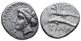 Paphlagonia, Sinope. AR Drachm, 5.75 g 20.81 mm. Circa 330-300 BC. Theot-, magistrate
Obv: Head of nymph left, with hair in sakkos; aphlaston to left....