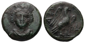 Troas, Abydos. Ae, 3.23 g 16.67 mm. Circa 3rd century BC.
Obv: Turreted and draped bust of Artemis facing.
Rev: ABY, Eagle standing right, with wings ...