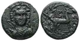 Troas, Abydos. Ae, 7.07 g 19.28 mm. 3rd century BC.
Obv: Turreted and draped bust of Artemis facing slightly right, bow and quiver over left shoulder....