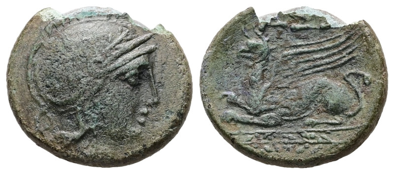 Troas, Assos. Ae, 2.30 g 16.55 mm. 400-300 BC.
Obv: Helmeted head of Athena righ...