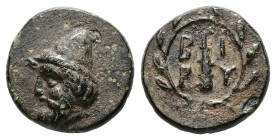 Troas, Birytis. Ae, 1.23 g 11.95 mm. Circa 350-300 BC.
Obv: Bearded head of Kabeiros left, wearing pilos.
Rev: B-I / P-Y, Club within wreath.
Ref: Kle...
