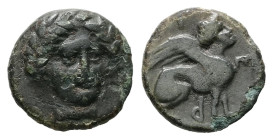 Troas,Gergis. Ae, 0.61 g 9.19 mm. Circa 350-300 BC. 
Obv: Three-quarter facing head of Sibyl Herophile, turned slightly right, wearing laurel wreath a...