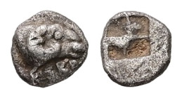 Troas, Kebren. AR Tetartemorion, 0.16 g. - 5.41 mm. c. 5th century BC.
Obv.: KEBP, Head of ram right.
Rev.: Quadripartite incuse square.
Ref.: SNG Cop...