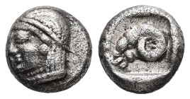 Troas, Kebren. AR Diobol, 1.25 g 8.88 mm. Circa 450 BC.
Female head to left, wearing disc earring and necklace, her hair bound with a band
Rev: Ram's ...