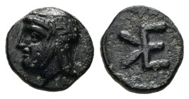 Troas, Kebren. Ae, 0.64 g. - 9.26 mm. Circa 412-399 BC.
Obv.: Head of satrap left, wearing laureate tiara.
Rev.: KE monogram.
Ref.: SNG von Aulock 154...