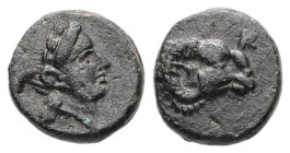 Troas, Kebren. Ae, 1.07 g 9.80 mm. Circa 387-310 BC.
Obv: Laureate head of Apollo right.
Rev: Head of ram right; K above.
Ref: SNG Copenhagen 263-4 va...