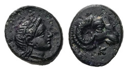Troas, Kebren. AE, 0.90 g. - 10.36 mm. Circa 387-310 BC.
Obv.: Laureate head of Apollo right.
Rev.: Ram’s head right; K below.
Ref.: SNG München 287; ...