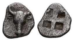 Troas, Lamponeia. AR, Hemiobol. 0.40 g. - 8.30 mm. Circa 450-400 BC.
Obv.: Facing bucranium.
Ref.: Quadripartite incuse square.
Ref.: SNG Arikantürk 6...