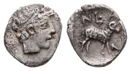 Troas, Neandria. AR Hemiobol, 0.50 g 9.14 mm. 4th century BC.
Obv: Laureate head of Apollo right.
Rev: NEA N, Ram standing right within incuse square....