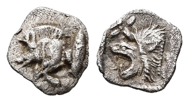 Mysia, Kyzikos. AR, Hemiobol. 0.37 g. - 9.75 mm. Circa 450-400 BC.
Obv.: Forepar...