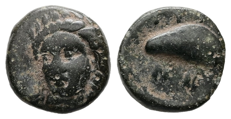 Aeolis, Gryneion. Ae, 1.15 g 11.06 mm. Circa 4th-3rd century BC.
Obv: Laureate h...