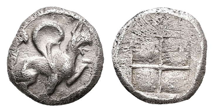 Ionia, Teos. AR Hemiobol, 0.29 g 7.99 mm. Circa 450-425 BC. 
Obv: Griffin seated...