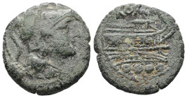 Anonymous, After 211 BC. AE, Triens. 4.84 g. 20.68 mm. Uncertain mint in Sardinia.
Obv: Helmeted head of Minerva, right; •••• (mark of value) above.
R...