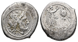 Anonymous. 211-208 BC. AR, Victoriatus. 3.48 g. 18.98 mm. Uncertain mint in Sicily.
Obv: Laureate head of Jupiter, right.
Rev: ROMA. Victory, right, c...