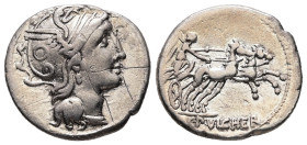 C. Claudius Pulcher, 110-109 BC. AR, Denarius. 3.77 g. 18.40 mm. Rome.
Obv: Helmeted head of Roma, right; helmet decorated with circular device. 
Rev:...