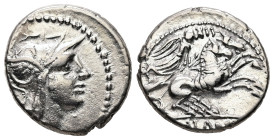 D. Silanus L. F. (?), 91 BC. AR, Denarius. 3.80 g. 17.37 mm. Rome.
Obv: Helmeted head of Roma, right.
Rev: Victory in biga, right, holding reins in bo...