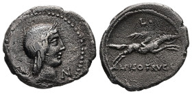 L. Calpurnius Piso Frugi, 90 BC. AR, Denarius. 3.55 g. 19.89 mm. Rome.
Obv: Laureate head of Apollo to right; N before.
Rev: L PISO FRVGI. Horseman ga...