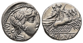 C. Vibius C.f. Pansa, 90 BC. AR, Denarius. 3.89 g. 16.66 mm. Rome.
Obv: PANSA. Laureate head of Apollo, right.
Rev: C VIBIVS [C F]. Minerva in quadrig...